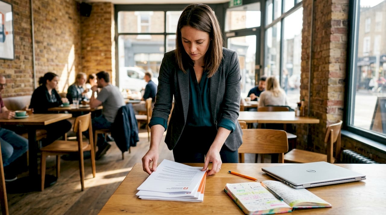 Consultant organizing onboarding materials at desk