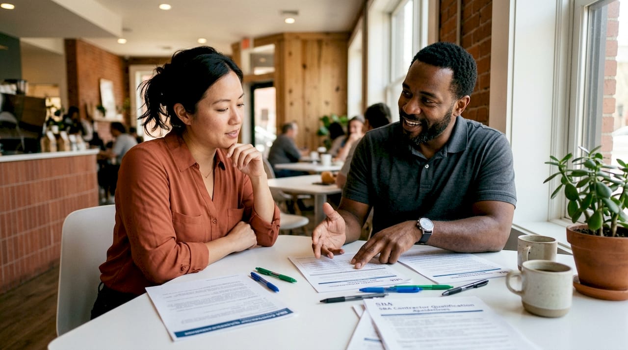 Two contractors discussing SBA small business documents