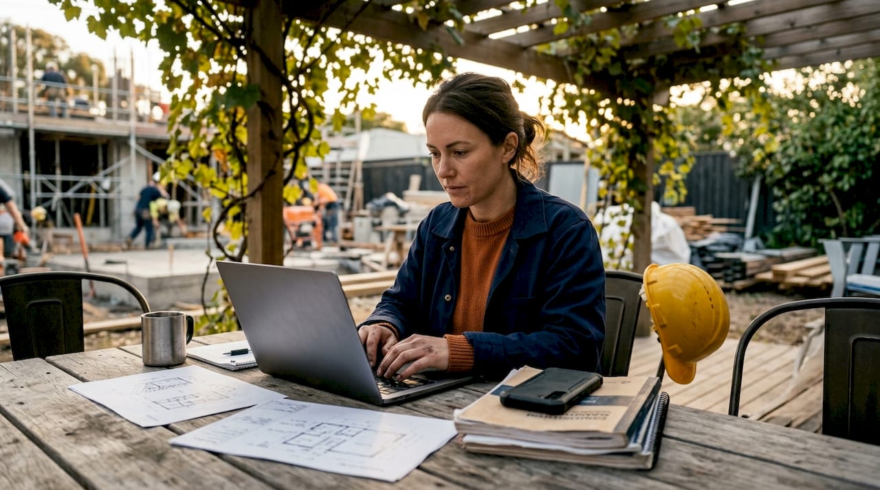 Hands typing on laptop with construction bid documents