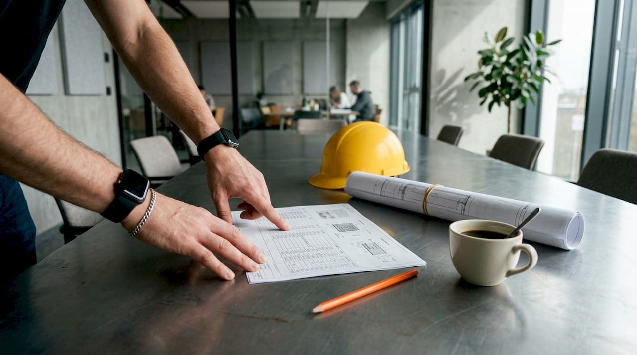 Hands pointing at construction materials list