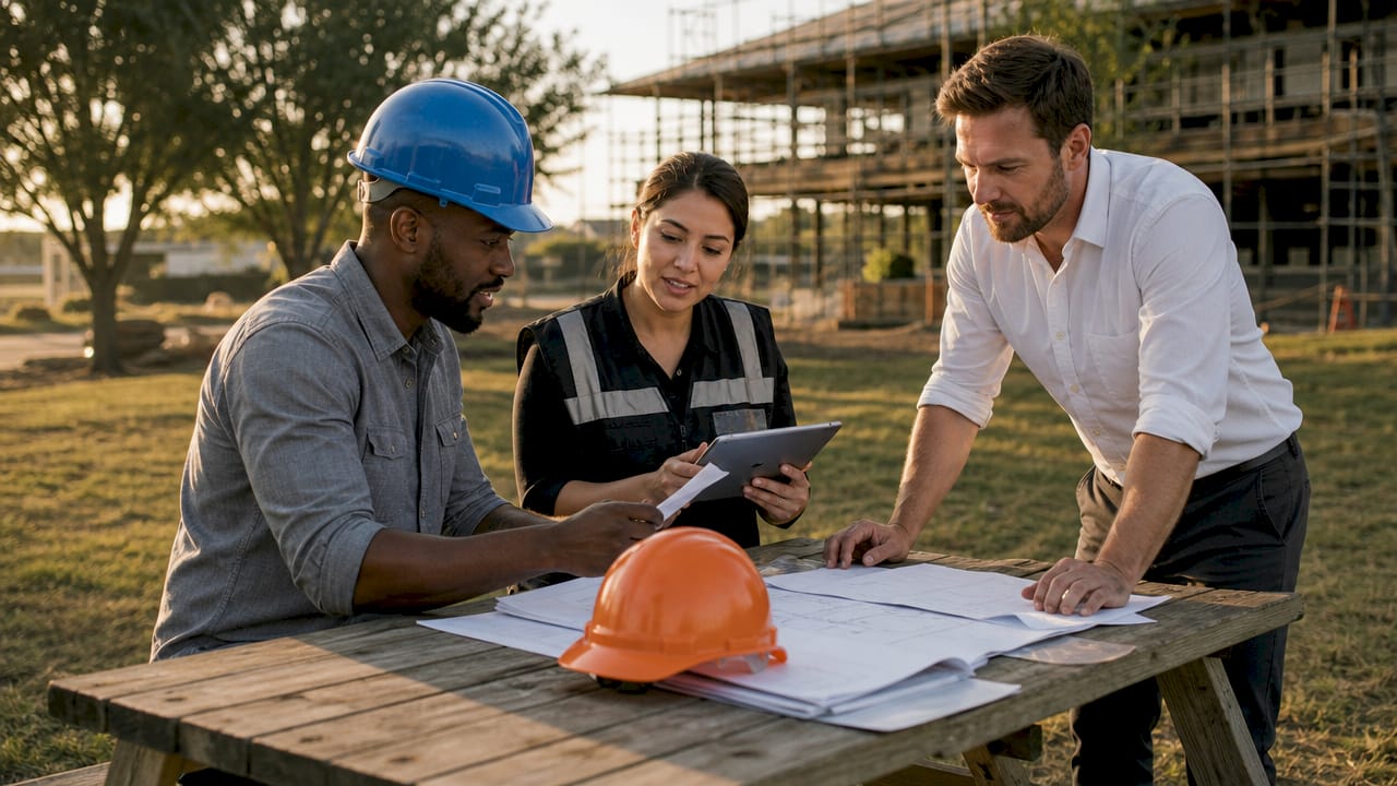Construction team discussing hiring checklist outdoors