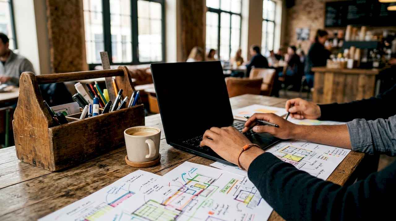 Hands typing and working with construction CRM documents