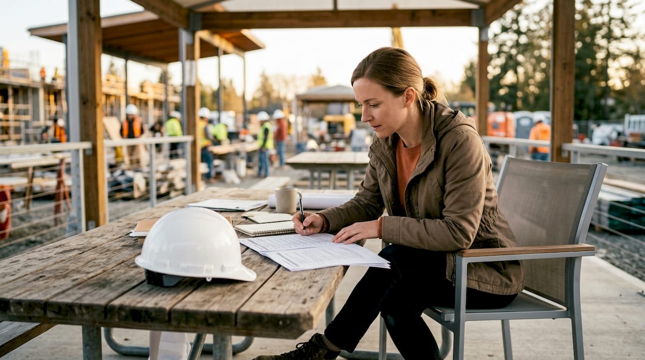 Project manager reviewing bid documents on site