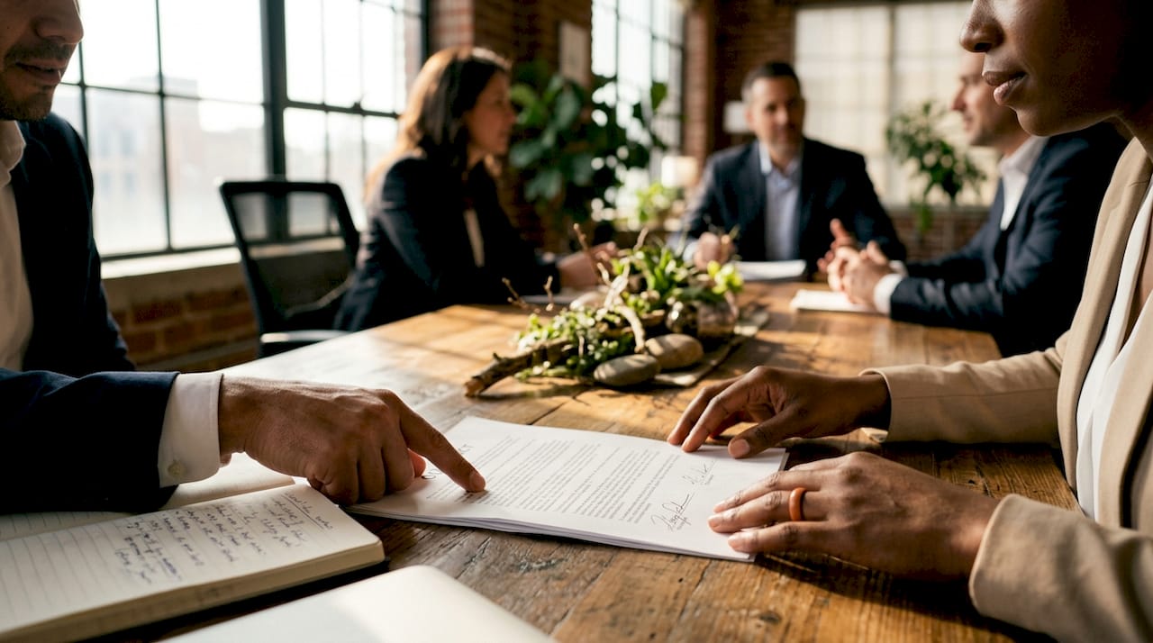 Hands exchanging signed contract in meeting room