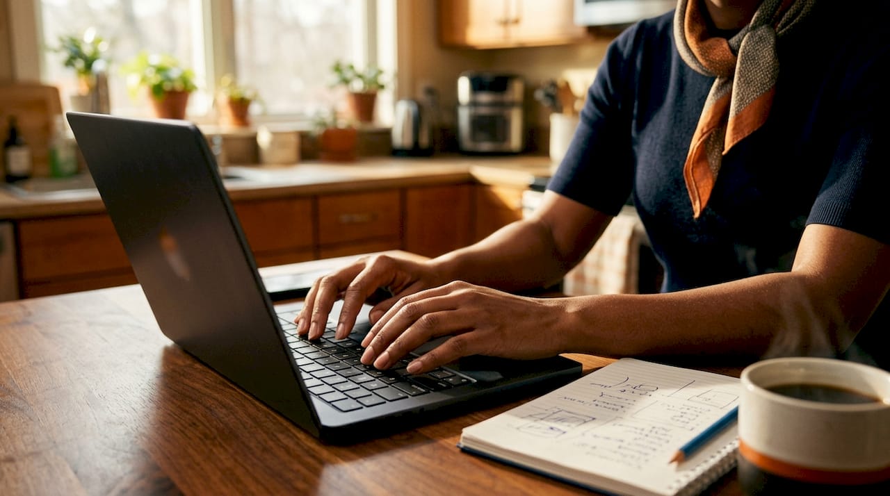 Hands typing at desk with bid opportunity reports