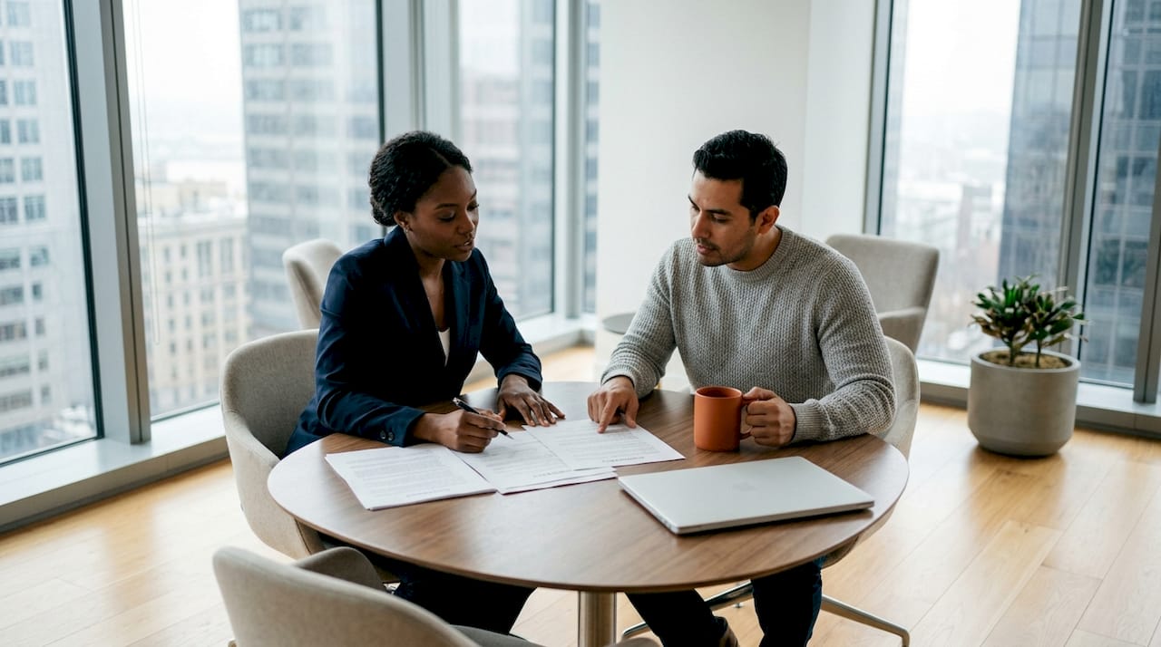 Two professionals discussing surety bond contract in meeting