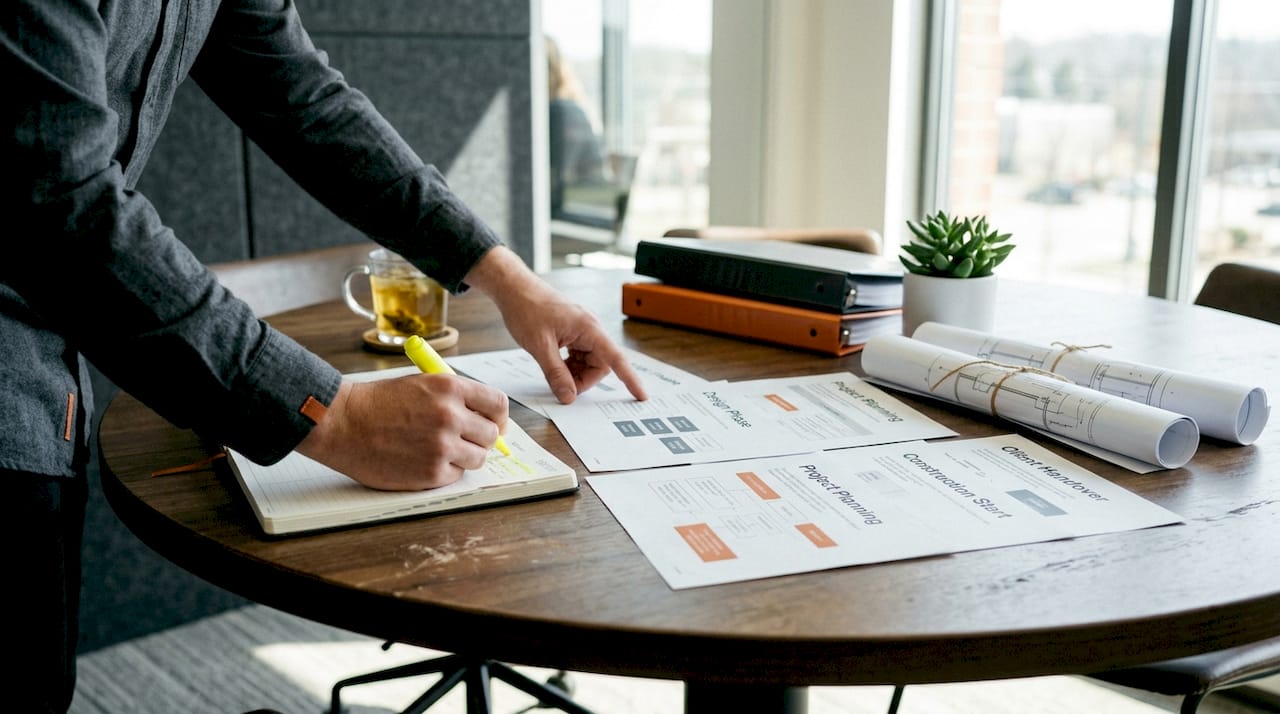 Hands organizing consultant intake workflow stages documents