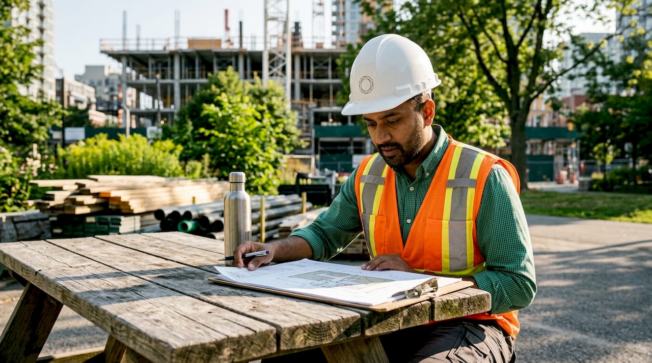 Project manager reviewing construction plans on site