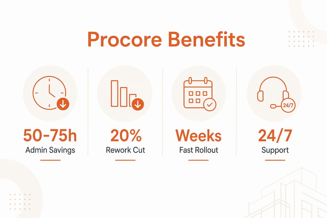 Infographic illustrating key Procore system benefits in construction