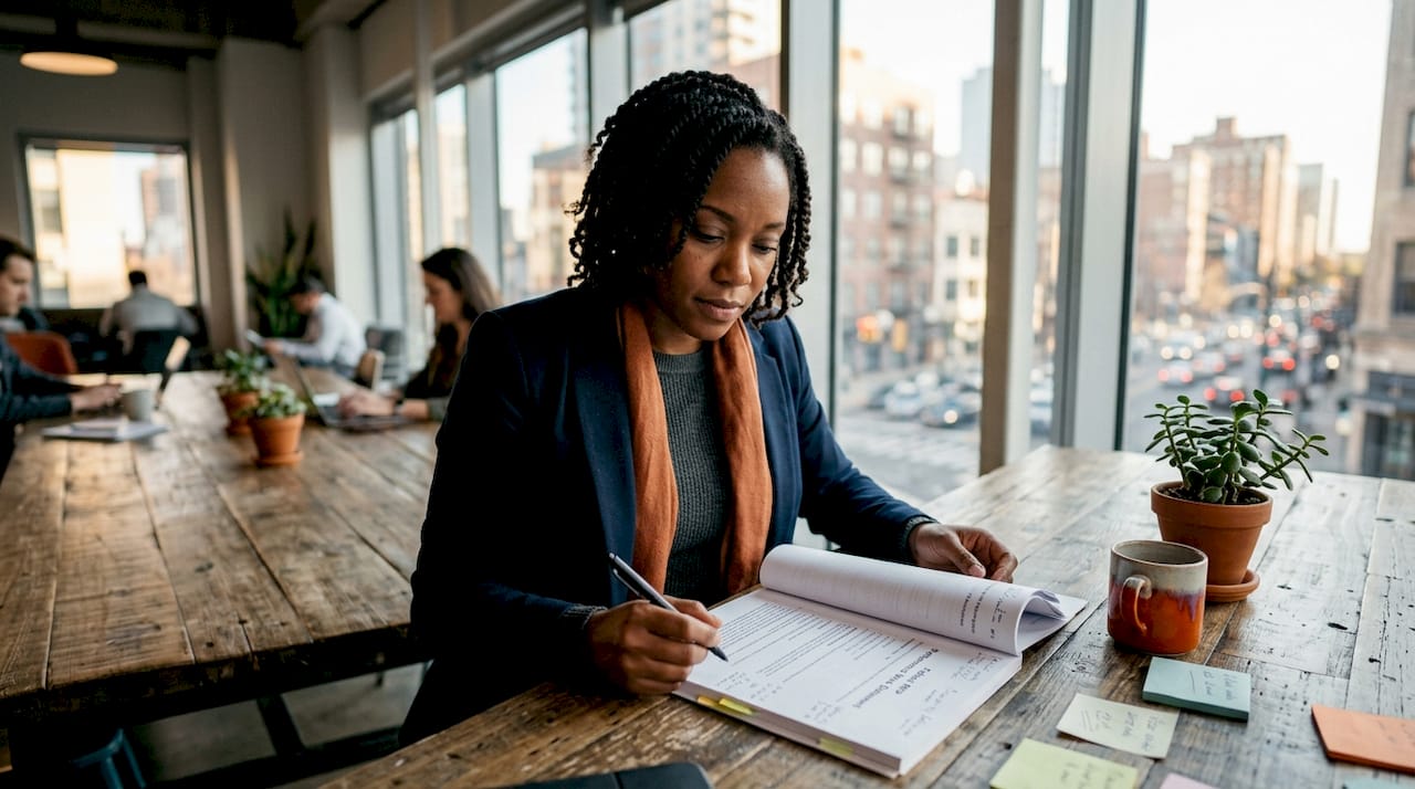 Woman reading PWS document at office desk
