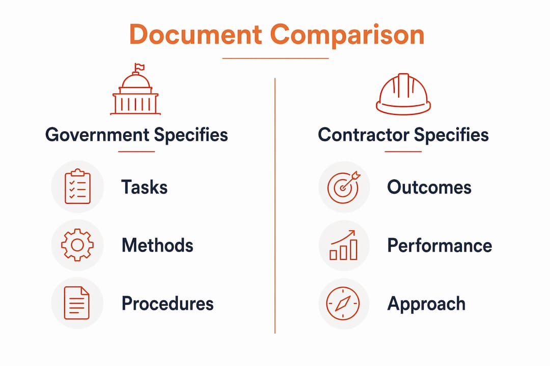 Infographic comparing PWS, SOW, and SOO document differences