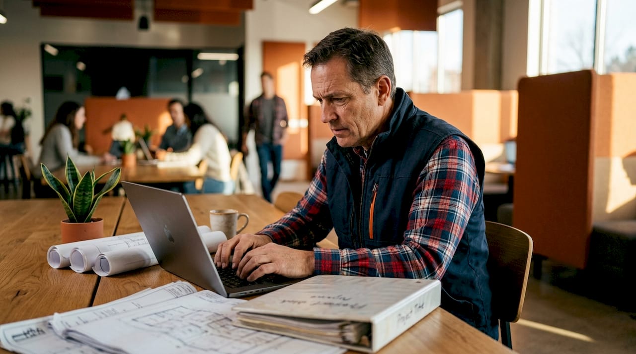 Contractor working on bid software at desk