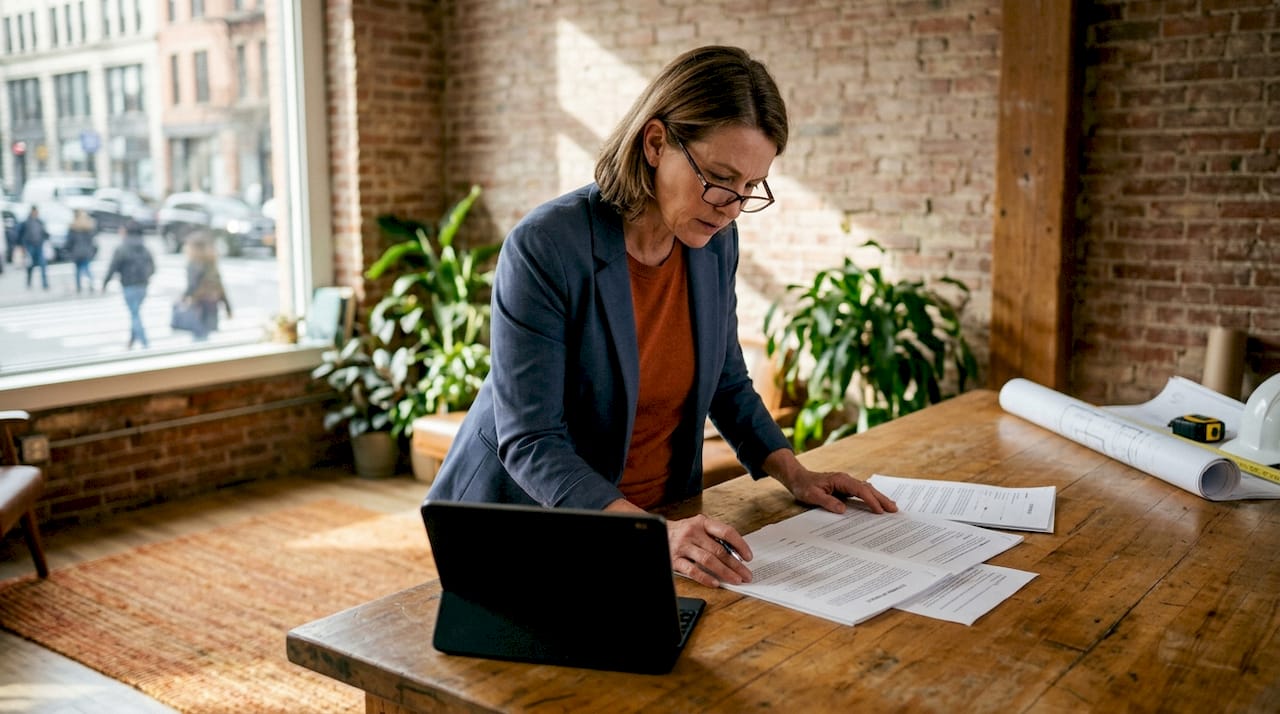 Project manager reviewing construction contract documents