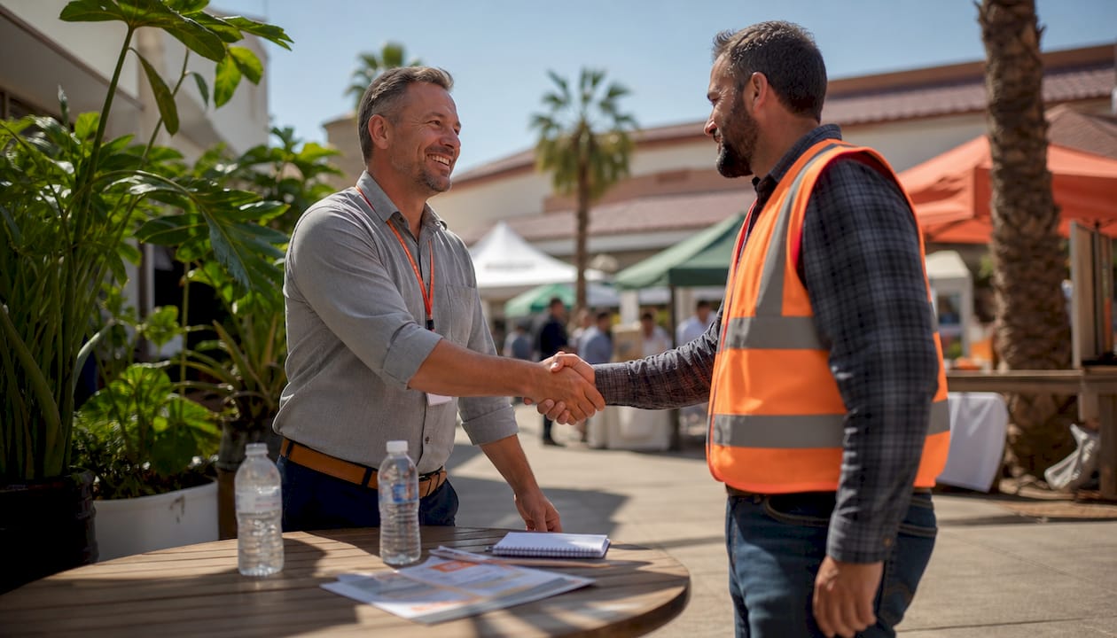Supplier and contractor shaking hands at trade show