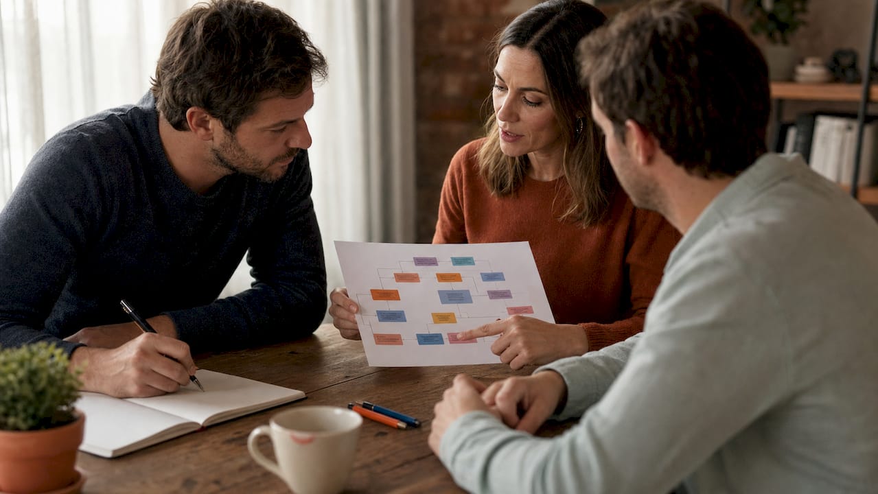 Team collaborating over referral map diagram at office table