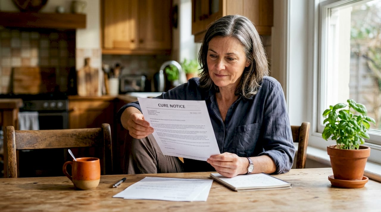 Contractor reading cure notice letter at desk