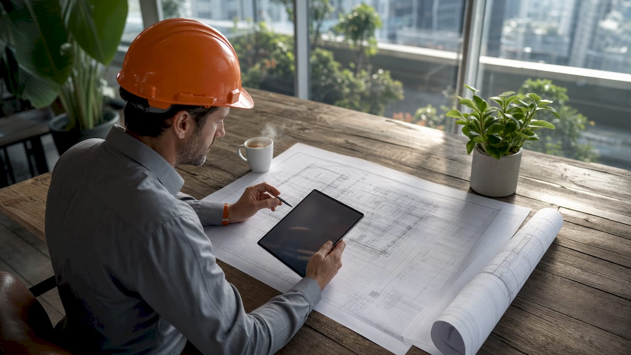 Construction manager reviewing estimating tools on tablet