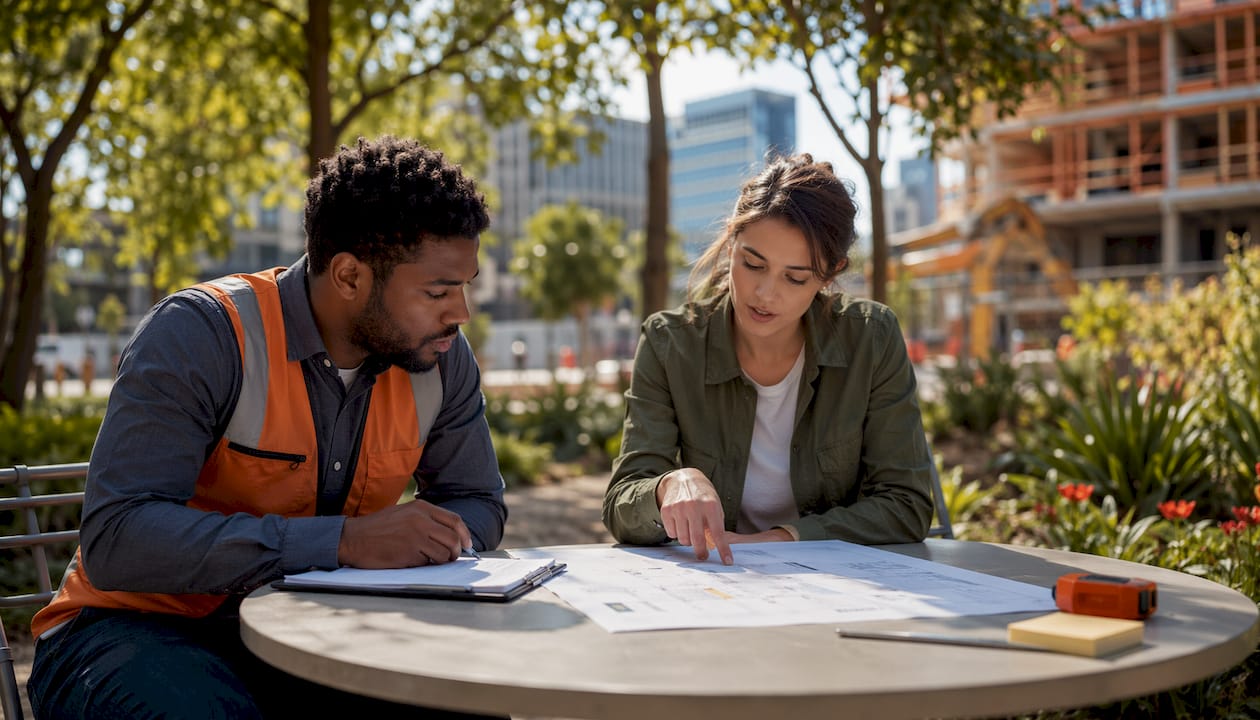 Two professionals discussing project schedule
