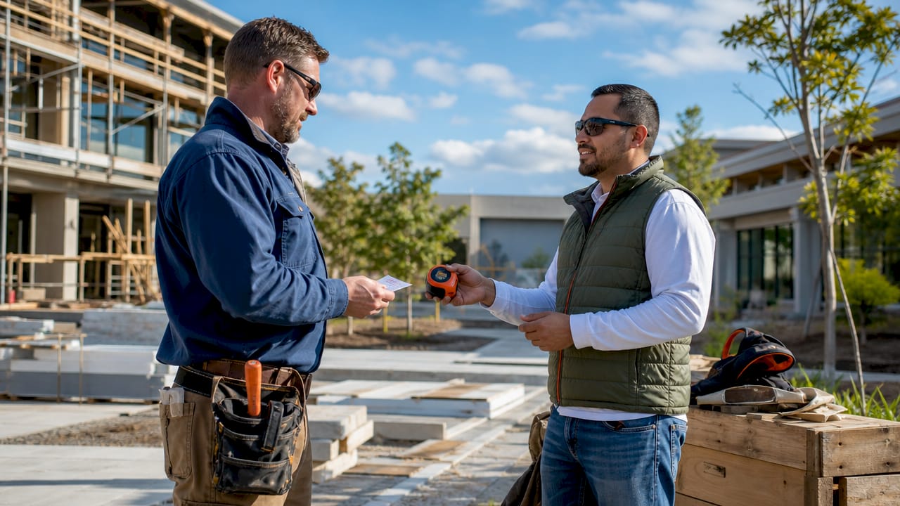 Contractors exchanging product samples and loyalty card