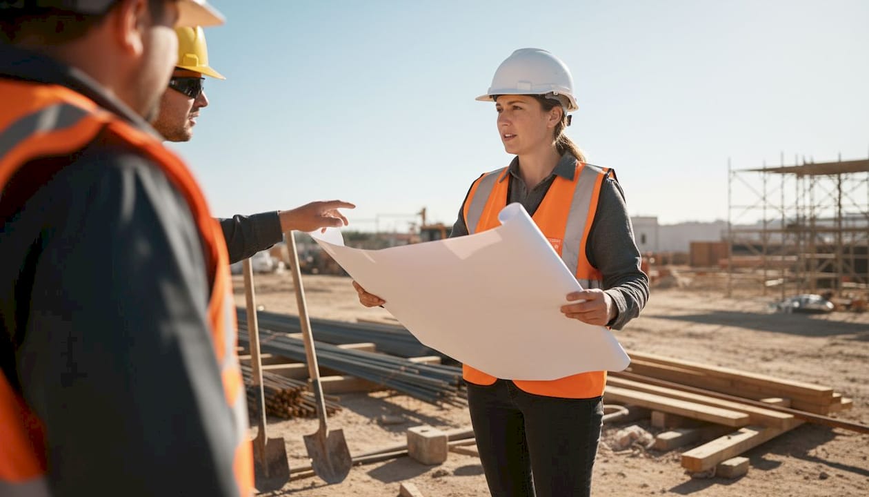 Project manager reviewing blueprints onsite