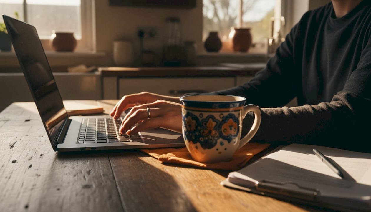 Hands typing client welcome message on laptop
