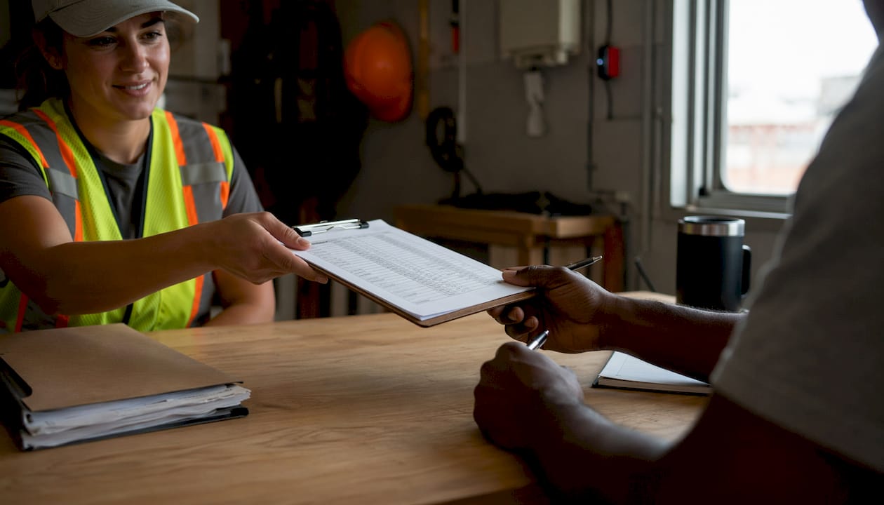 Hands exchanging candidate evaluation clipboard at site