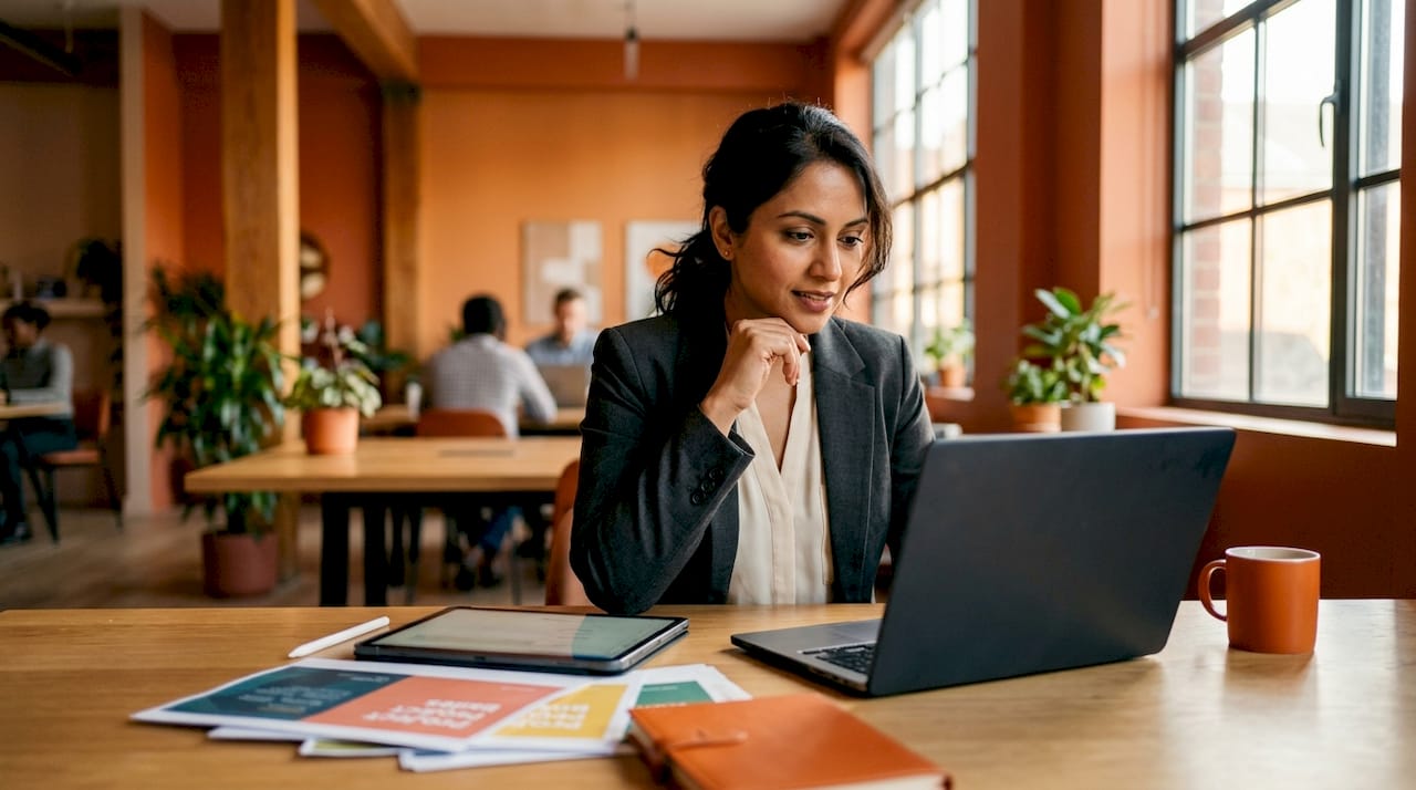 Consultant reviewing CRM client workflow in office