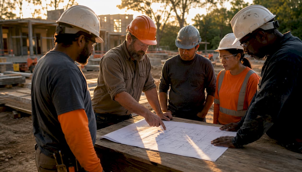 Construction manager discussing site plan with team