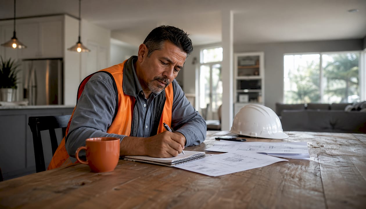 Contractor planning brand awareness strategy at desk