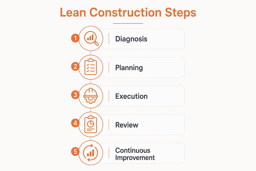 Infographic illustrating steps to implement lean construction management