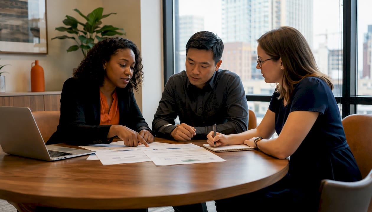Team discussing federal contract strategy in office