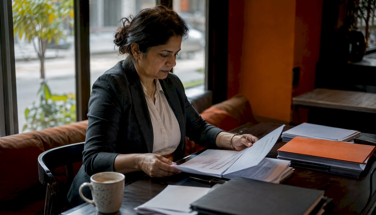Consultant organizing onboarding paperwork at table