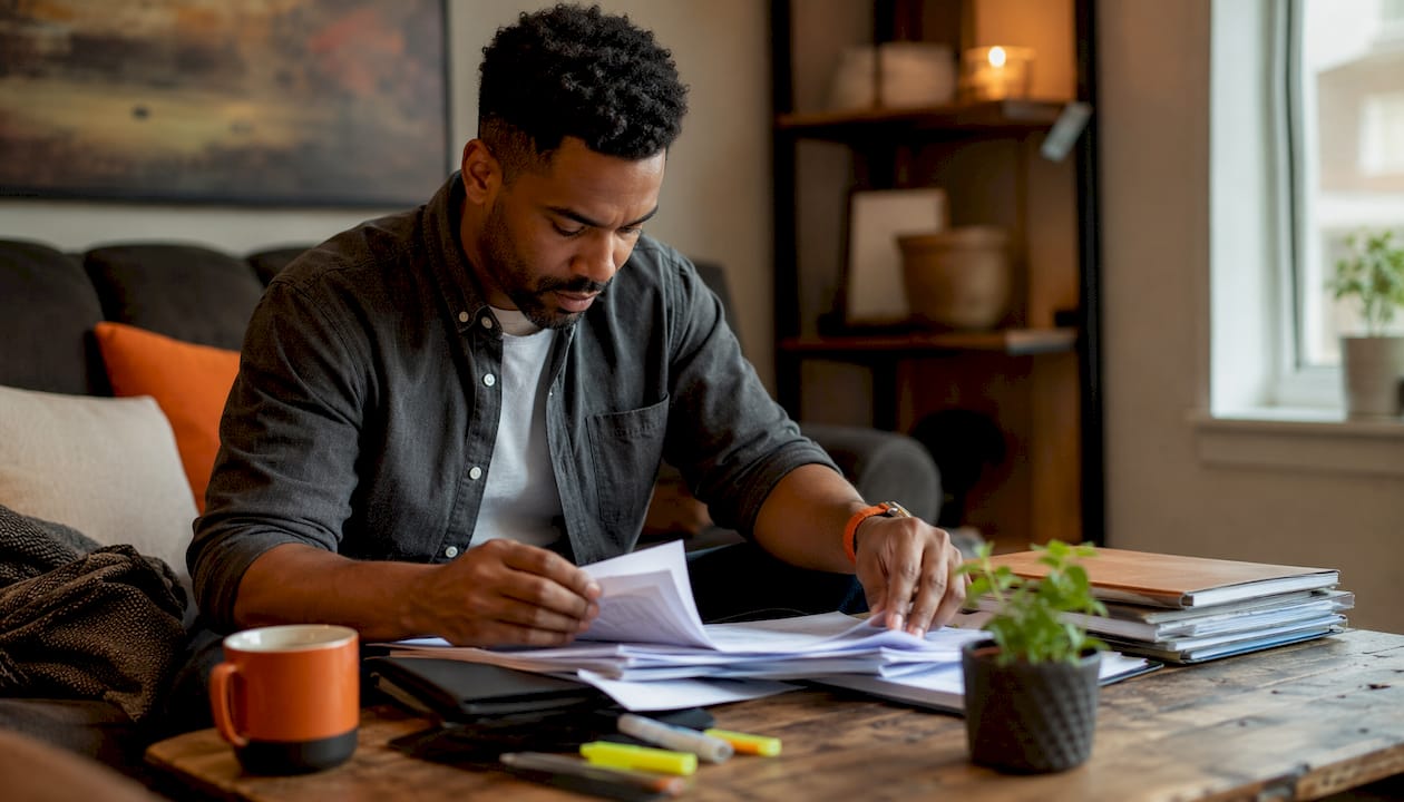 Hands sorting client onboarding documents on desk