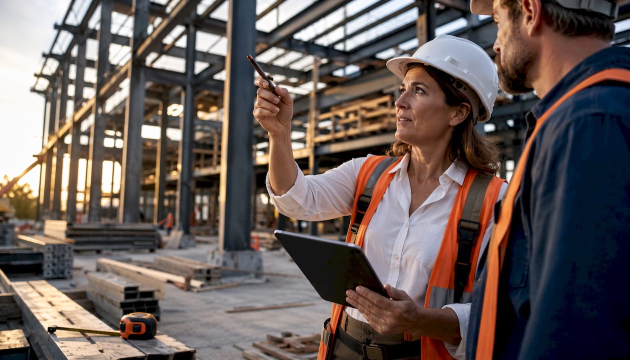 Construction manager reviewing KPIs on site
