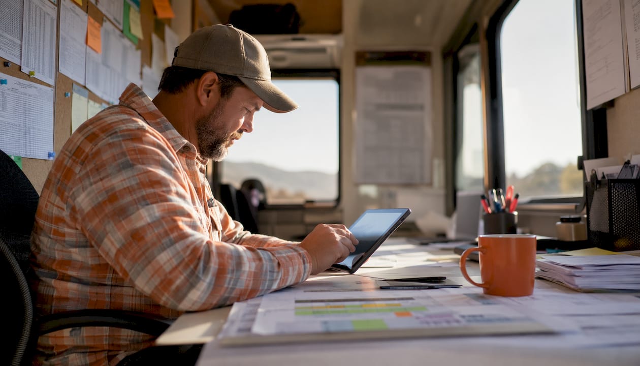 Foreman reviewing schedule data in trailer