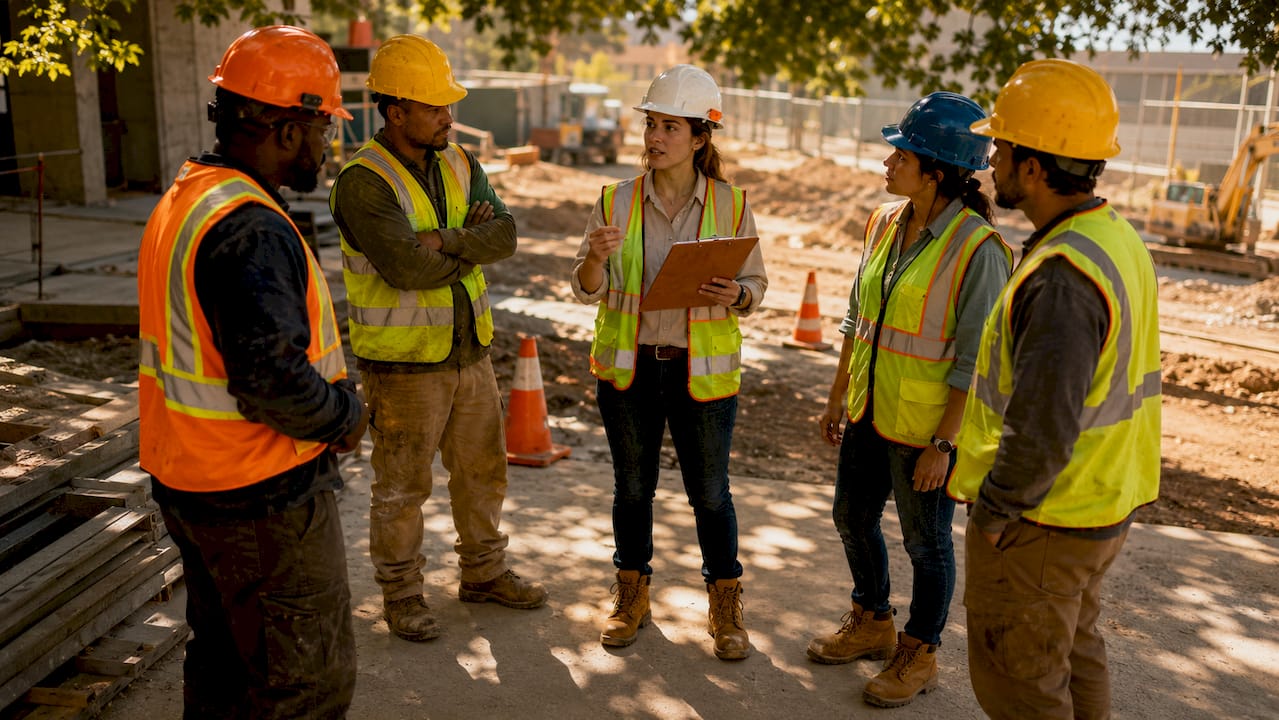 Site supervisor conducting safety briefing
