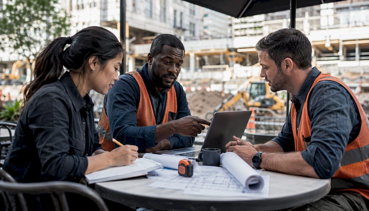 Group of contractors discussing software options outdoors