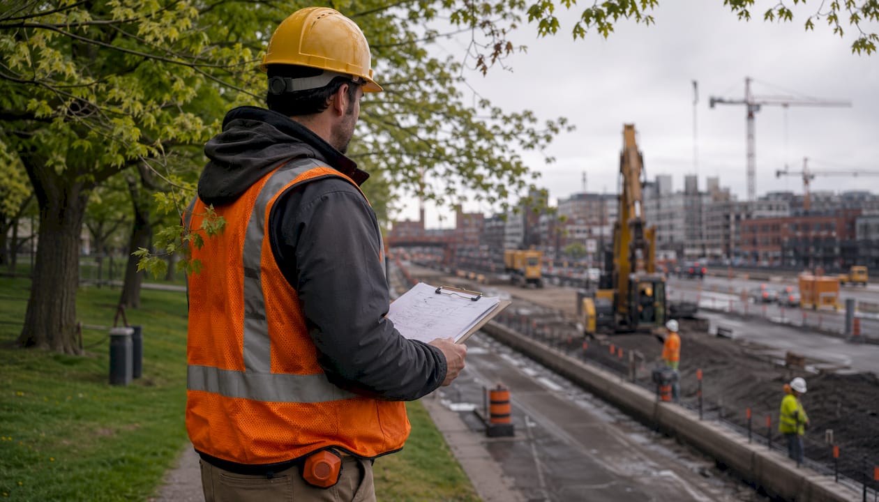 Construction supervisor reviewing daily report on site