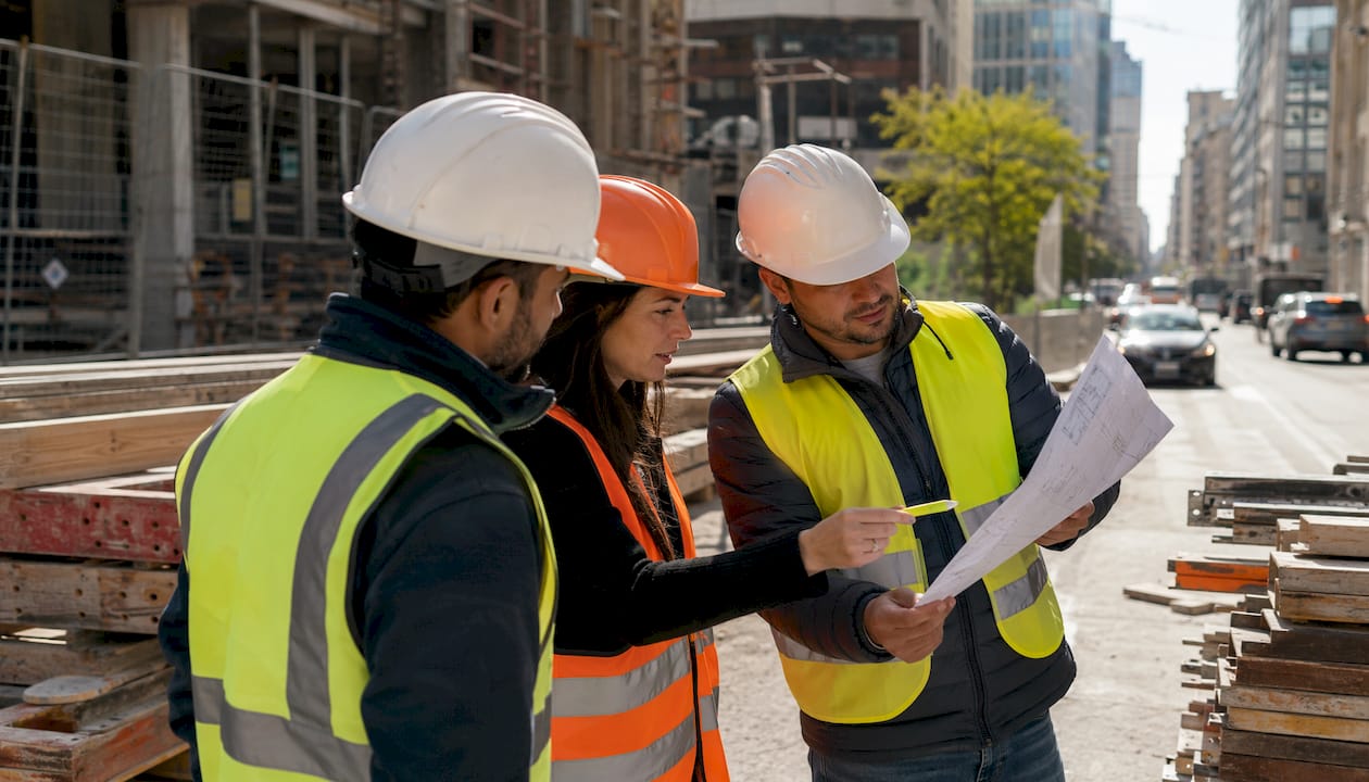 Construction team collaborating over daily report sheet