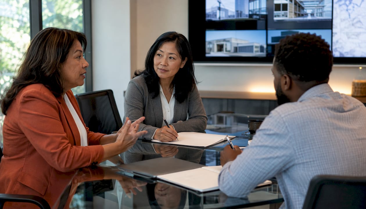Leadership team discussing operations hierarchy in boardroom