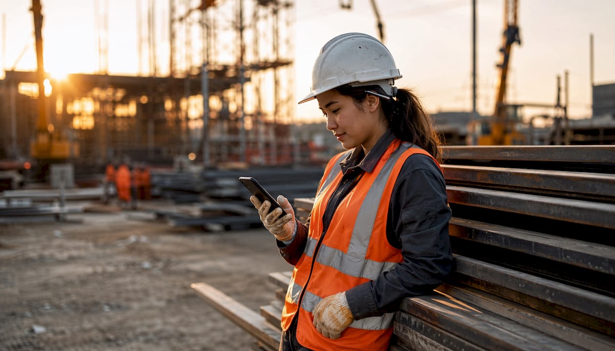 Supervisor using Fieldwire app on smartphone outdoors