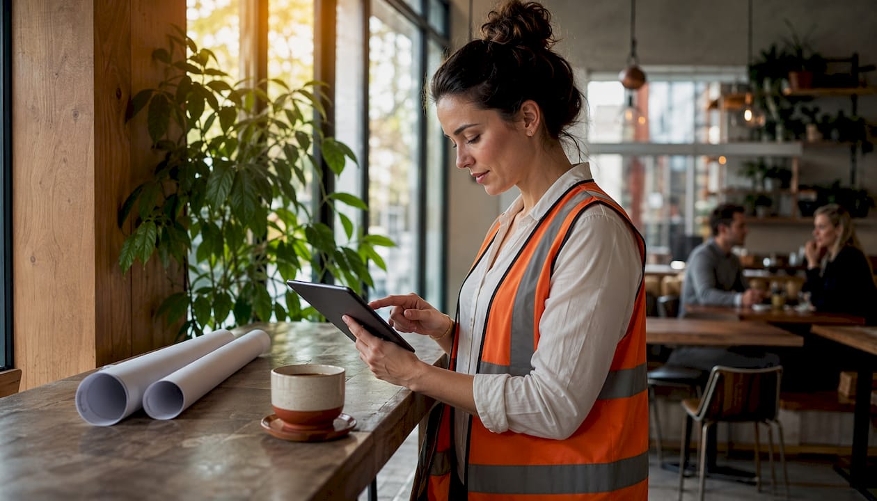 Project manager updating client details on tablet outdoors