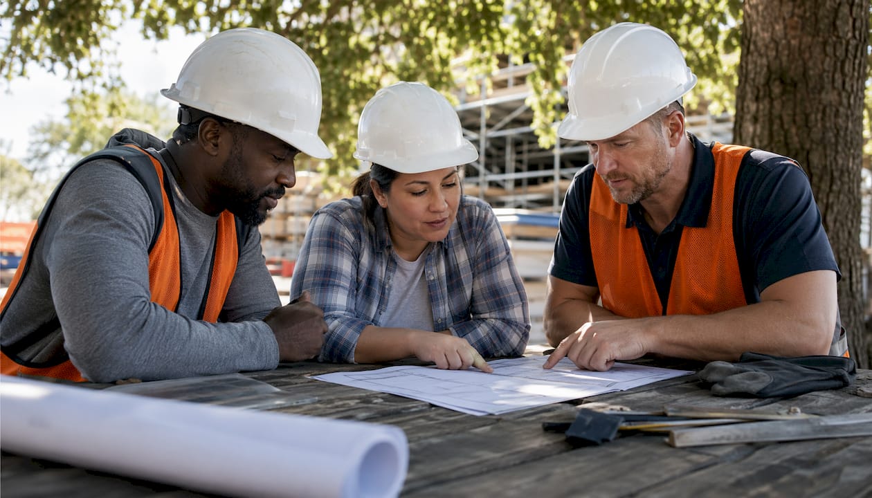 Construction team reviewing reports onsite