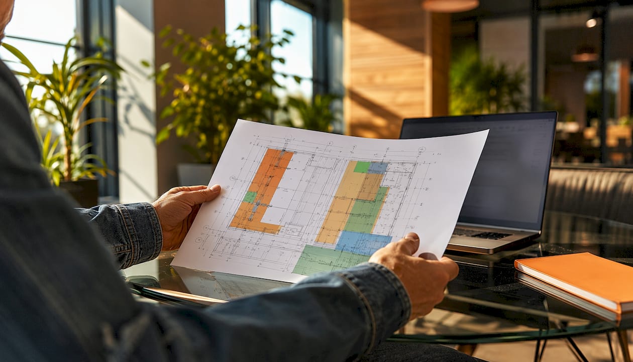 Hands holding blueprint at construction trailer desk