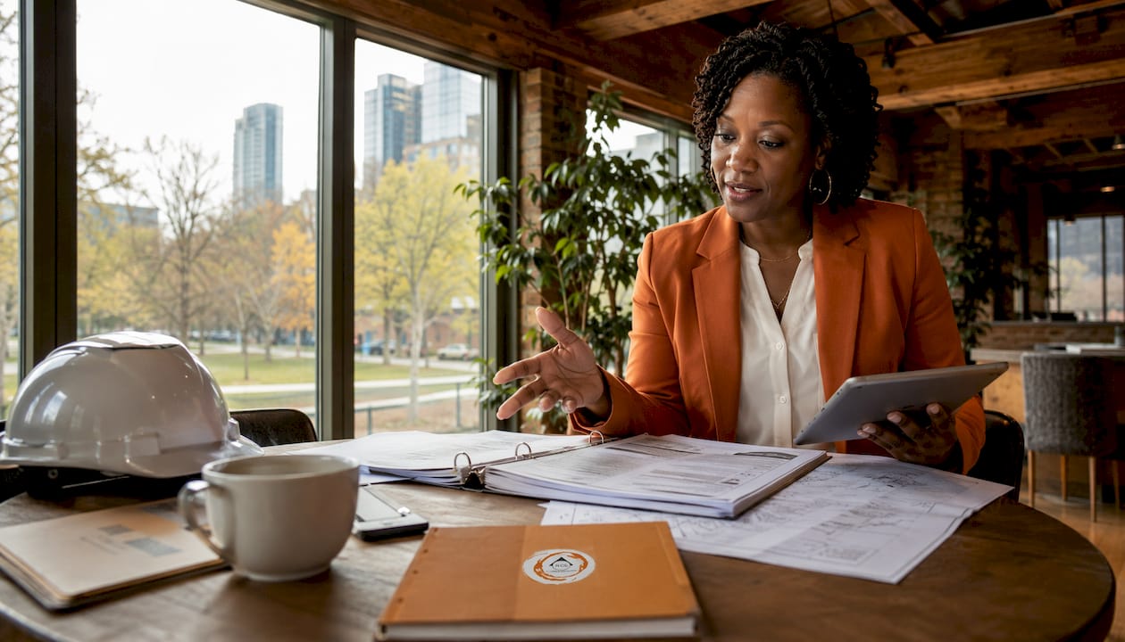 Consultant reviewing construction business plans