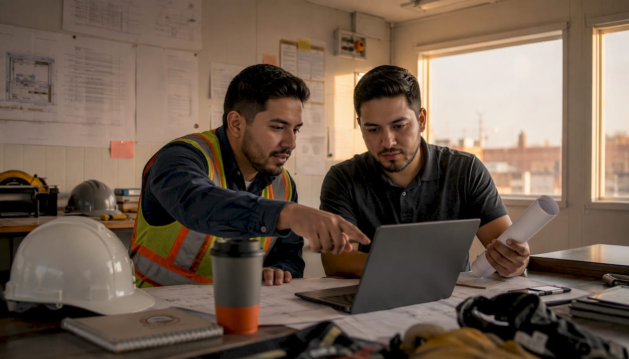 Managers collaborating over construction schedules