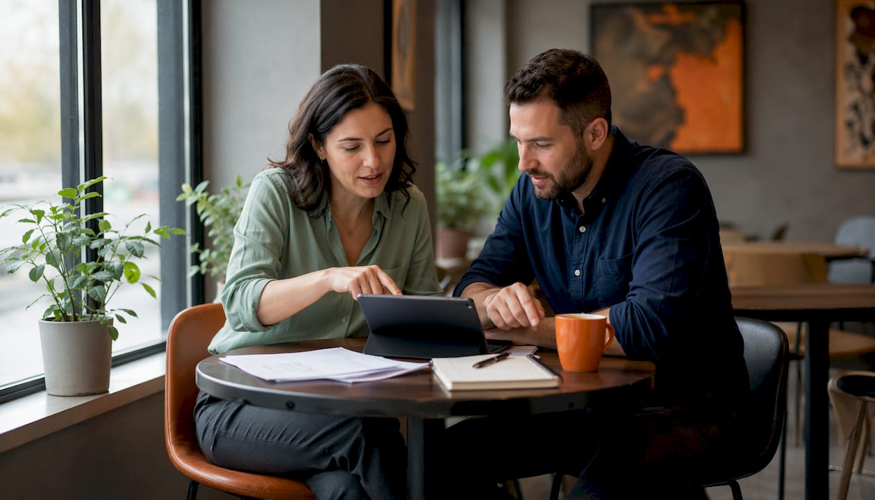 Hiring manager and lead discussing role objectives at office table