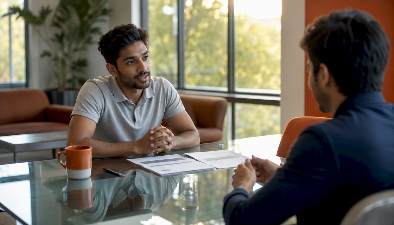 Interviewer reviewing behavioral questions at desk