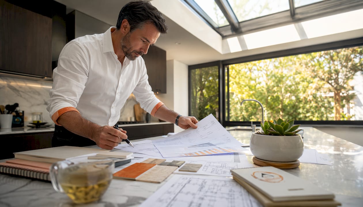 Construction estimator reviewing documents at desk