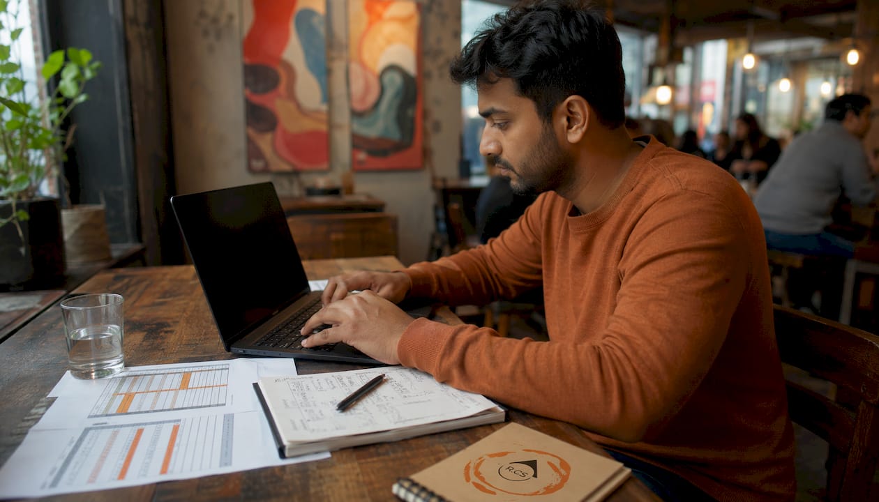 Hands of estimator entering cost data on laptop